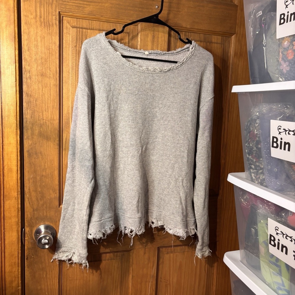R13 Heavy Shredded Edge Oversized Sweatshirt Distressed Grey L R13WM3027-1